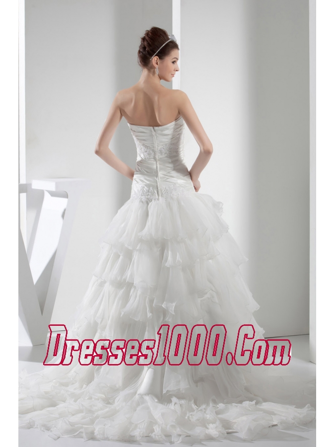 Appliques Pleats Strapless A-line Court Train Ruffled Layers Wedding Dress