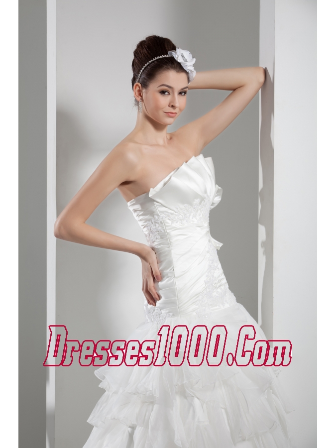 Appliques Pleats Strapless A-line Court Train Ruffled Layers Wedding Dress