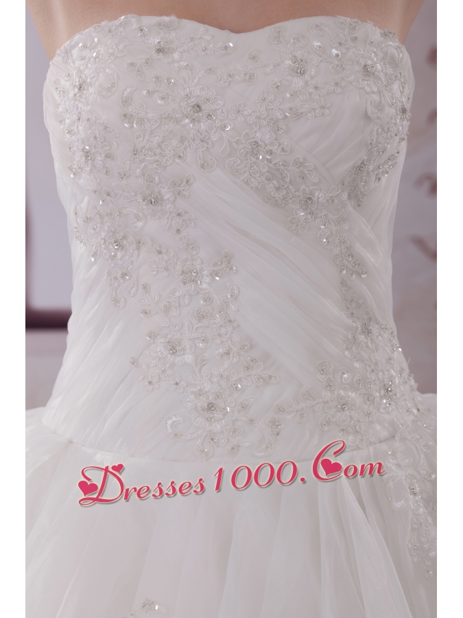 Appliques Strapless Brush Train Ball Gown Wedding Dress