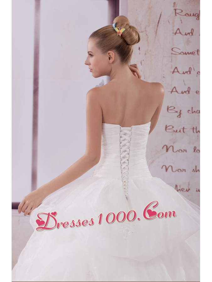 Appliques Strapless Brush Train Ball Gown Wedding Dress