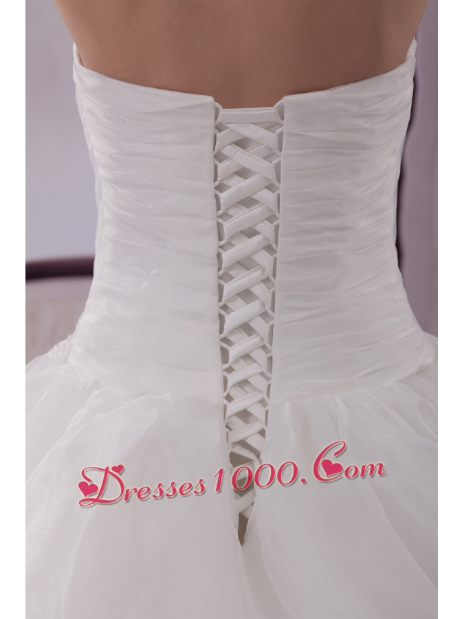 Appliques Strapless Brush Train Ball Gown Wedding Dress