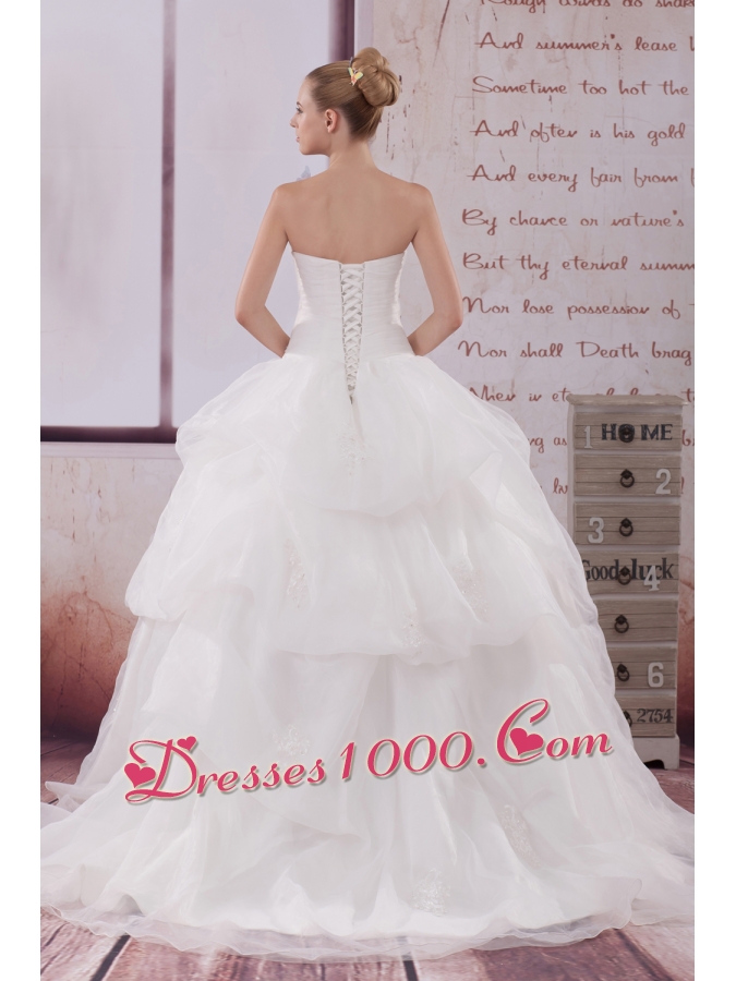 Appliques Strapless Brush Train Ball Gown Wedding Dress