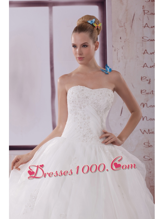Appliques Strapless Brush Train Ball Gown Wedding Dress