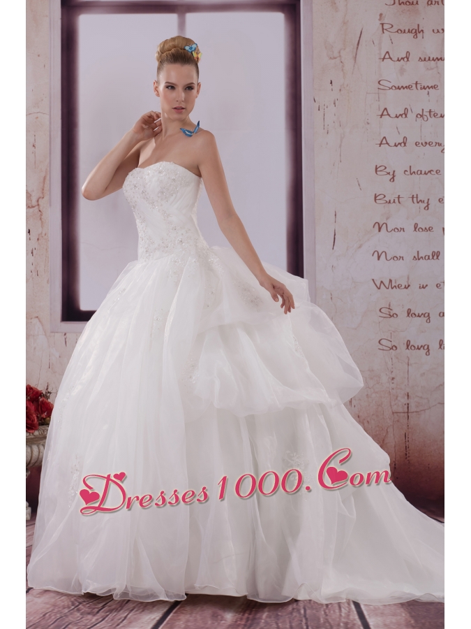 Appliques Strapless Brush Train Ball Gown Wedding Dress