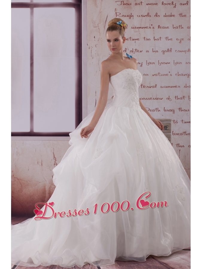 Appliques Strapless Brush Train Ball Gown Wedding Dress