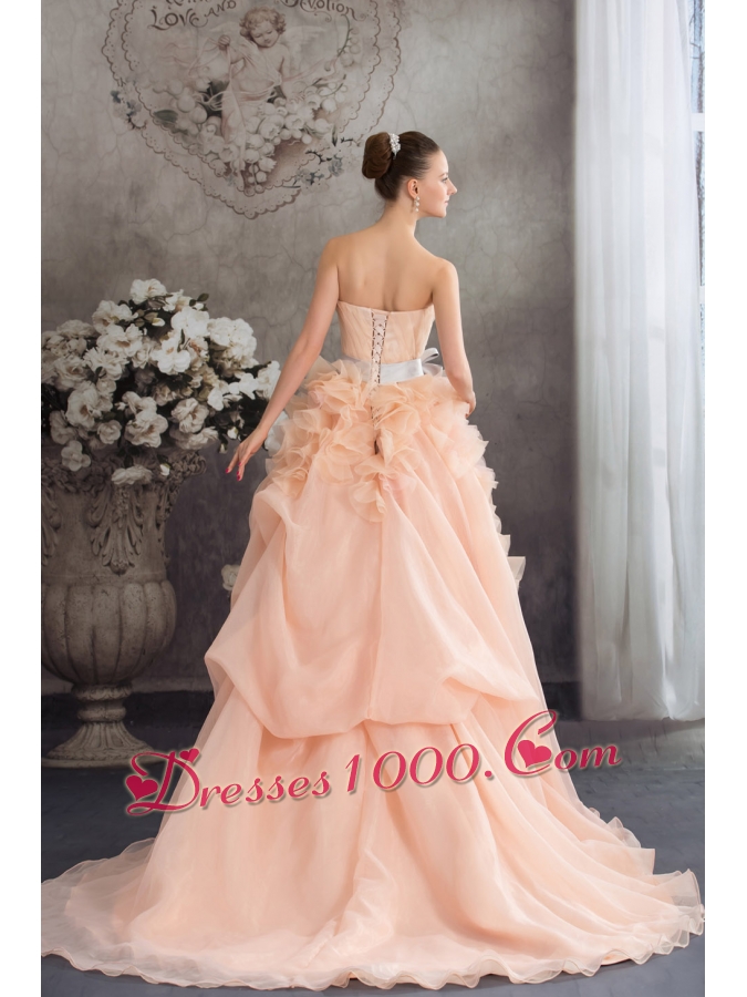 Baby Pink A-line Strapless Ruffles Sash Court Train Wedding Dress