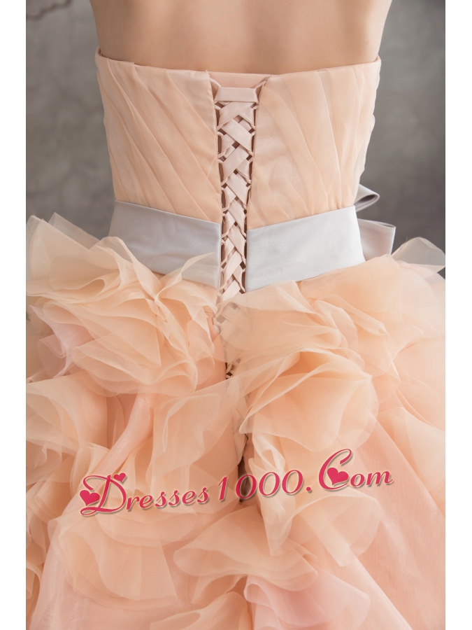 Baby Pink A-line Strapless Ruffles Sash Court Train Wedding Dress