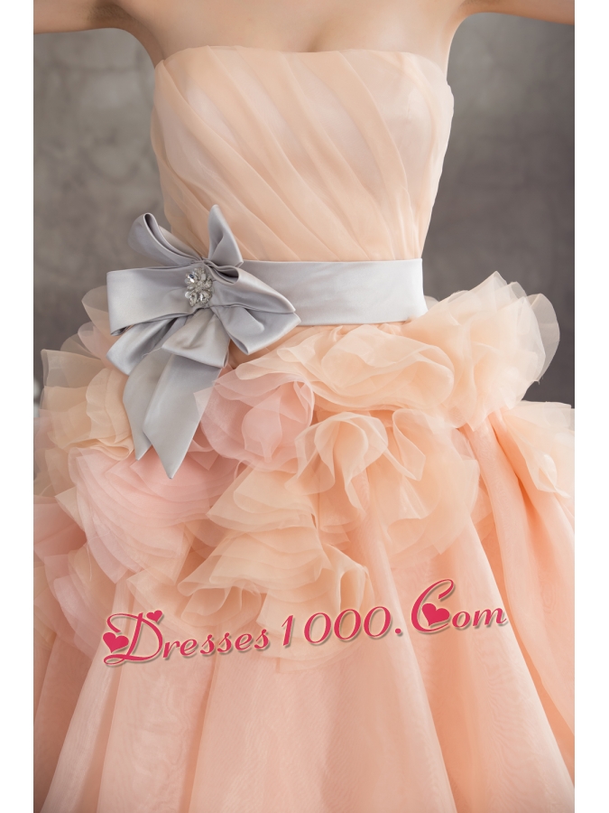 Baby Pink A-line Strapless Ruffles Sash Court Train Wedding Dress