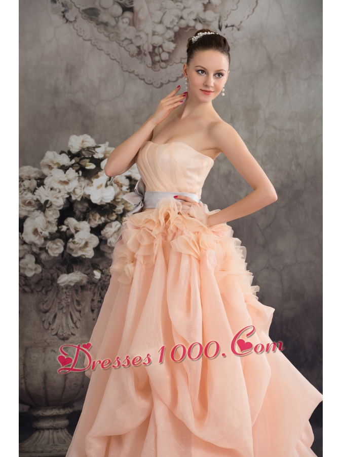 Baby Pink A-line Strapless Ruffles Sash Court Train Wedding Dress