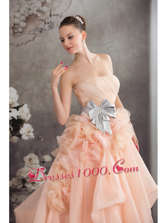 Baby Pink A-line Strapless Ruffles Sash Court Train Wedding Dress
