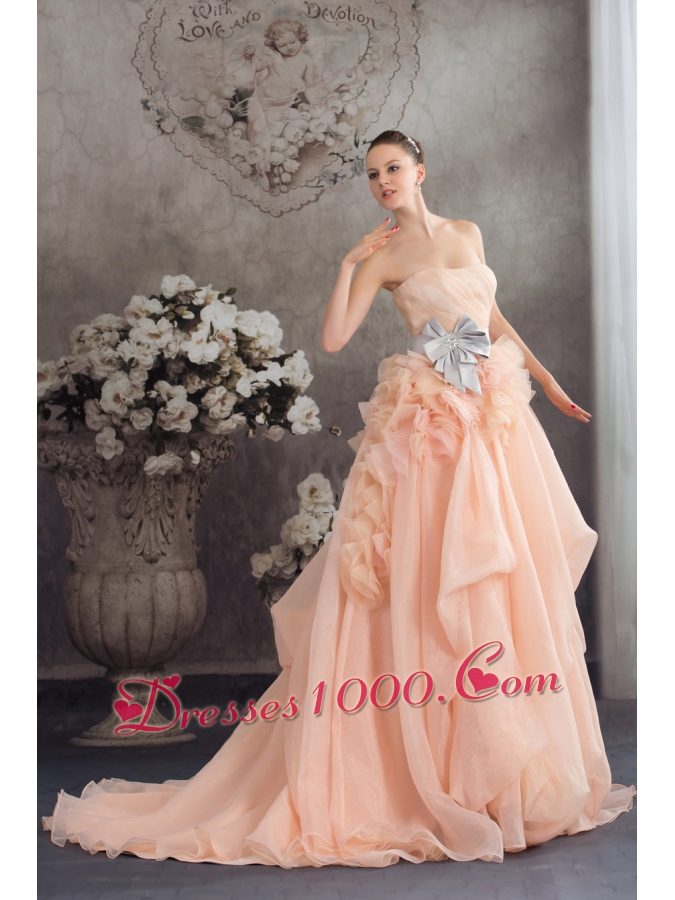 Baby Pink A-line Strapless Ruffles Sash Court Train Wedding Dress
