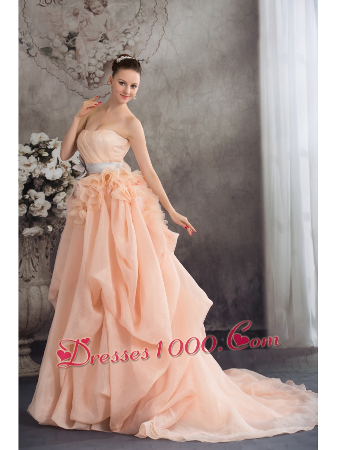 Baby Pink A-line Strapless Ruffles Sash Court Train Wedding Dress