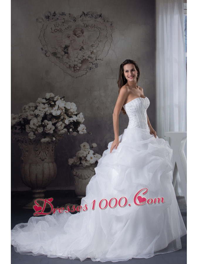 Ball Gown Pick-ups Beading Brush Train Wedding Dress