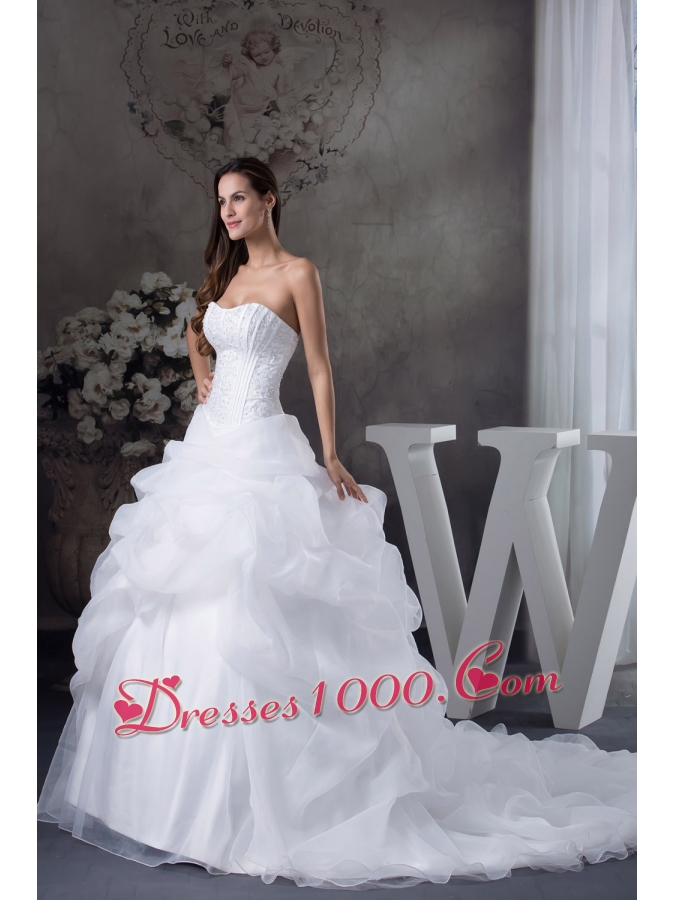 Ball Gown Pick-ups Beading Brush Train Wedding Dress