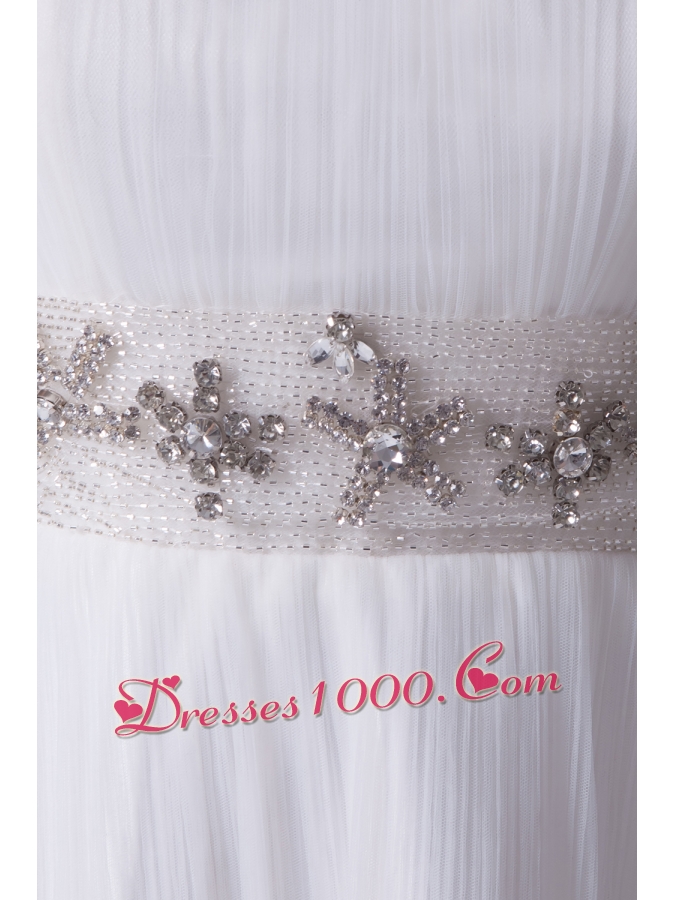 Bateau A-line Beading Brush Train Wedding Dress