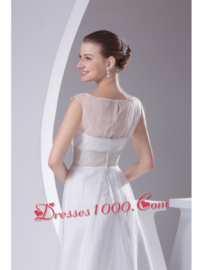 Bateau A-line Beading Brush Train Wedding Dress