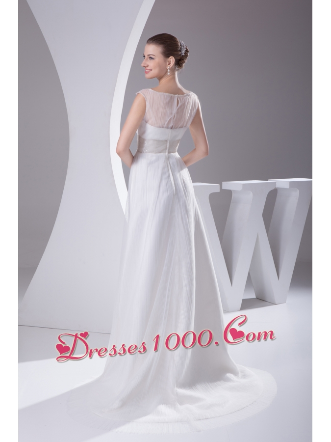 Bateau A-line Beading Brush Train Wedding Dress