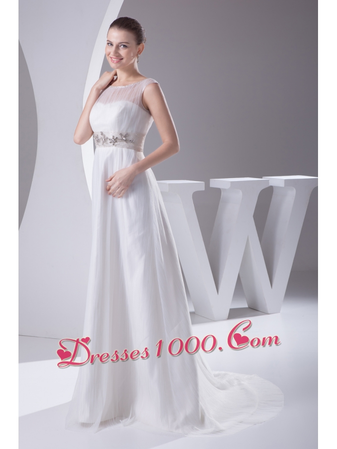 Bateau A-line Beading Brush Train Wedding Dress
