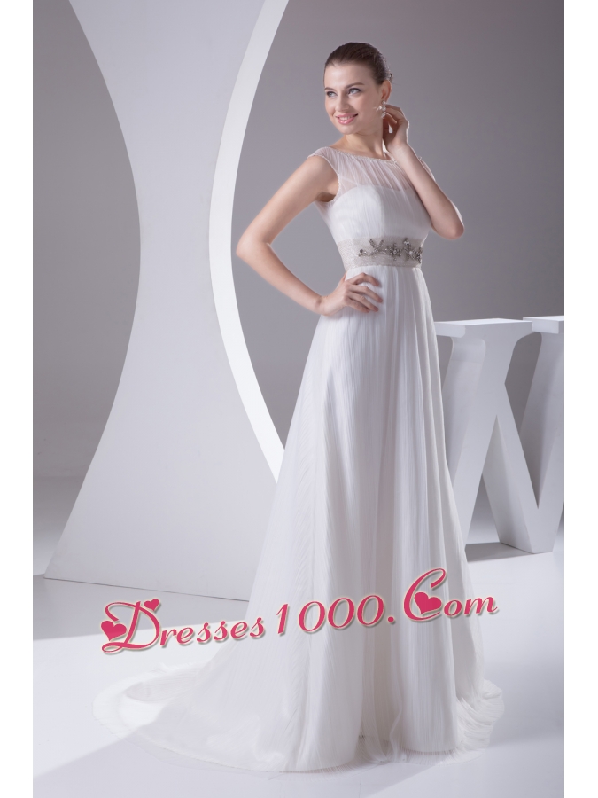Bateau A-line Beading Brush Train Wedding Dress