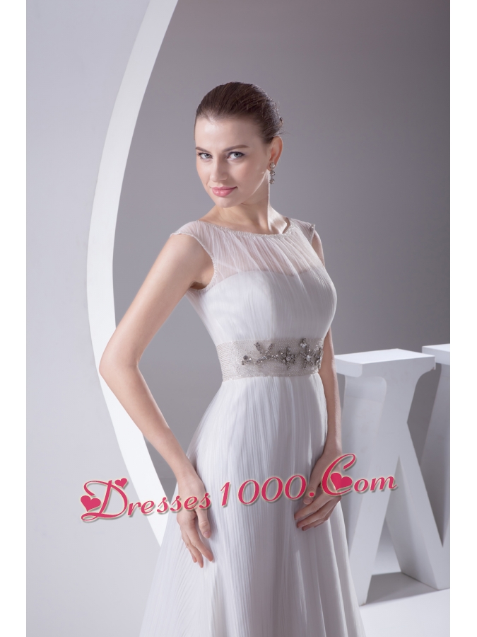 Bateau A-line Beading Brush Train Wedding Dress