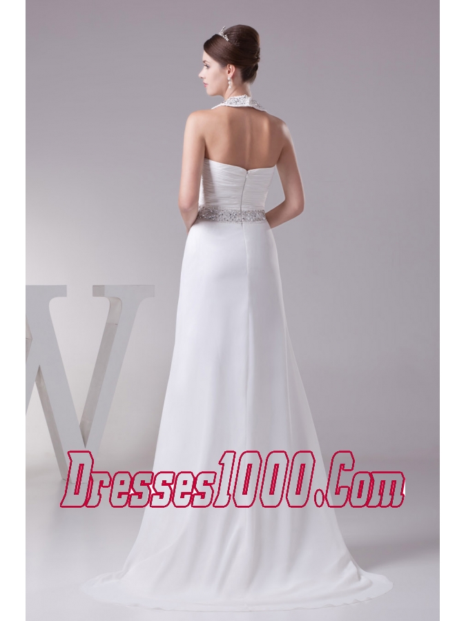 Beaded Halter Top Empire Prom Dress With Sweep Train