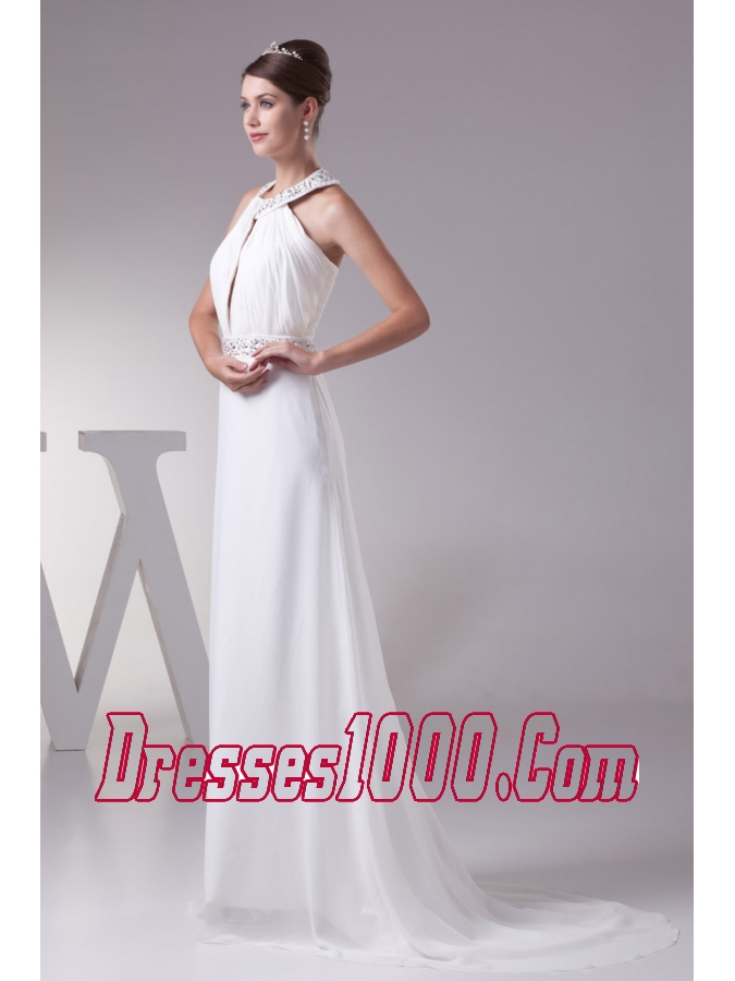 Beaded Halter Top Empire Prom Dress With Sweep Train