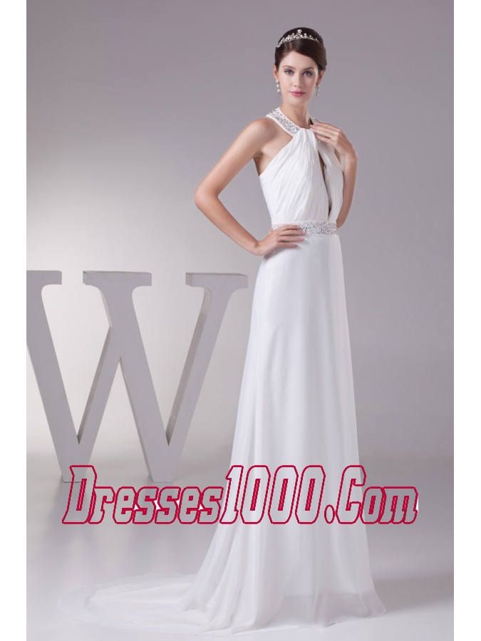 Beaded Halter Top Empire Prom Dress With Sweep Train