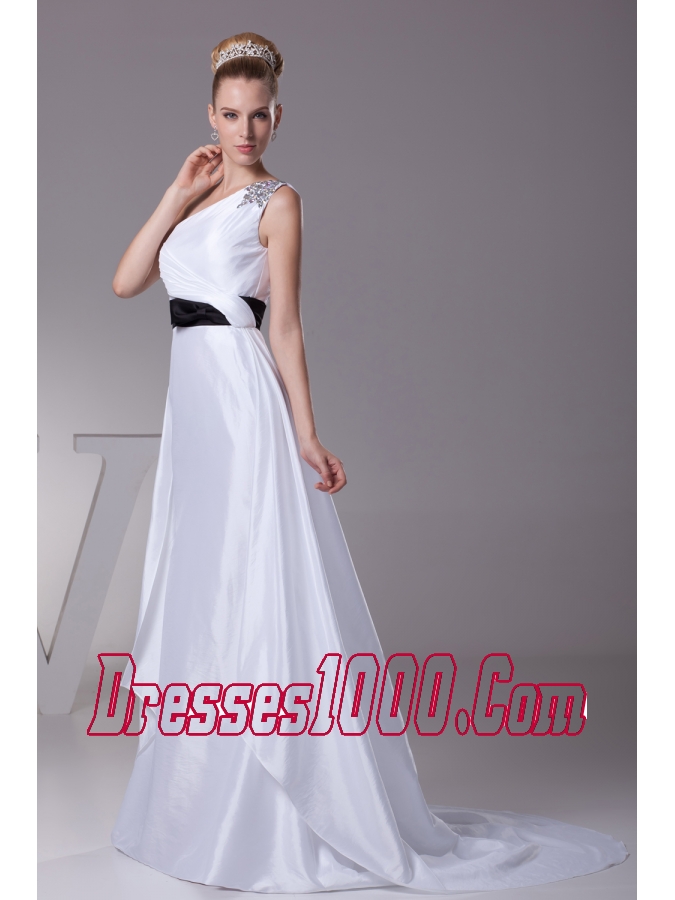 Beading A-Line Brush Train One Shoulder Wedding Dress