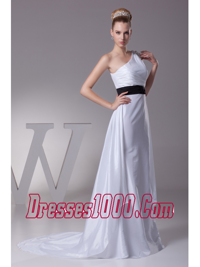 Beading A-Line Brush Train One Shoulder Wedding Dress