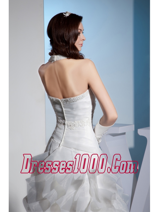 Beading and Lace Ruffled Layers Halter A-line Court Train Wedding Dress