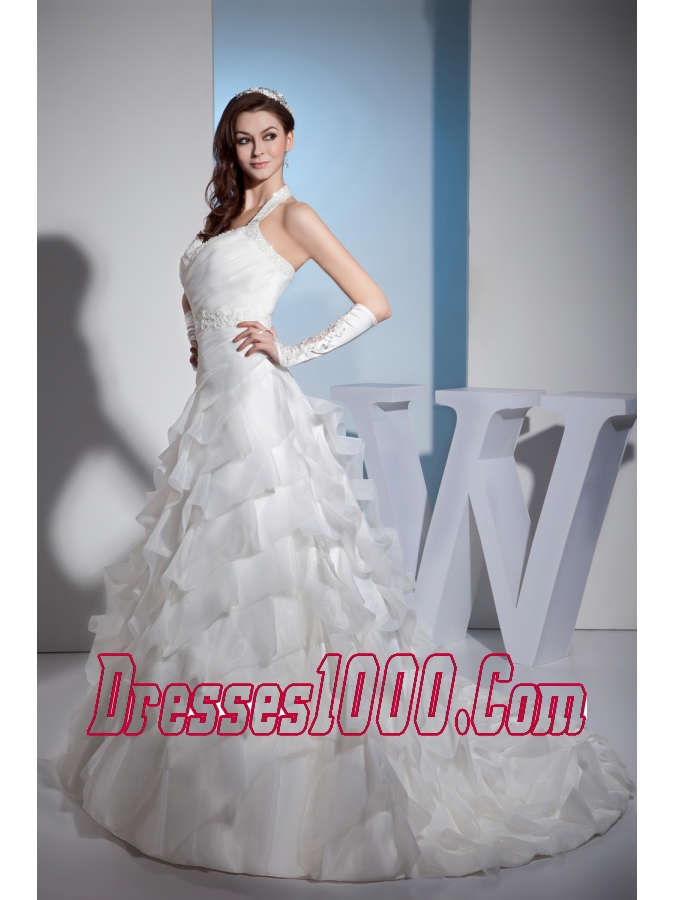 Beading and Lace Ruffled Layers Halter A-line Court Train Wedding Dress