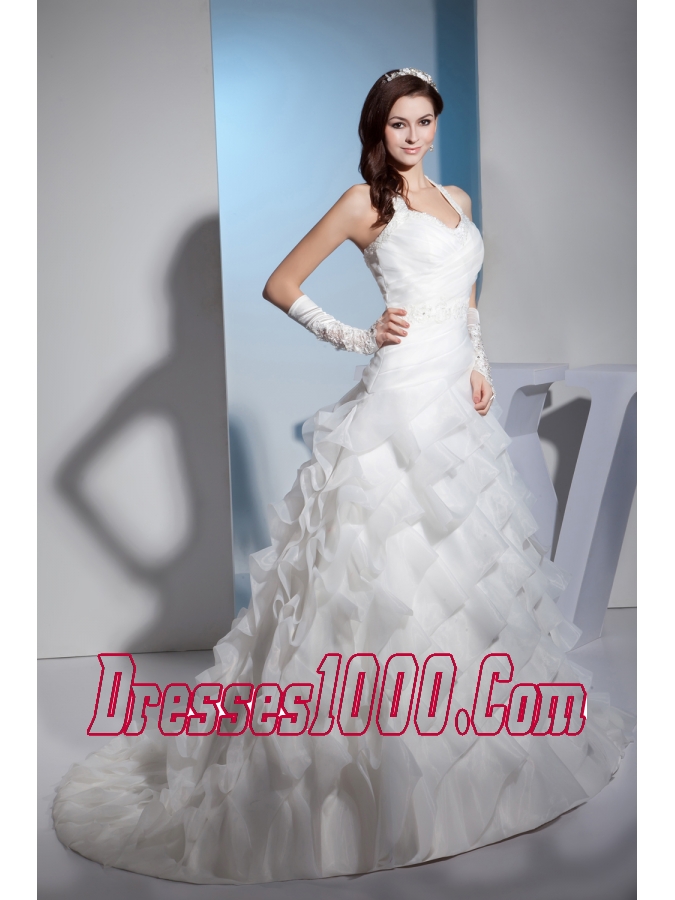 Beading and Lace Ruffled Layers Halter A-line Court Train Wedding Dress
