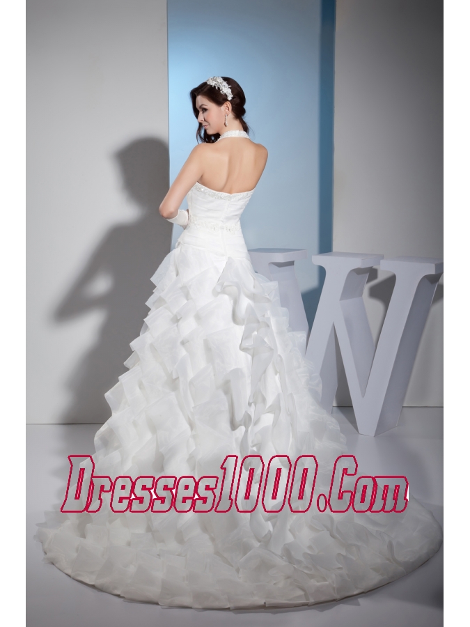 Beading and Lace Ruffled Layers Halter A-line Court Train Wedding Dress