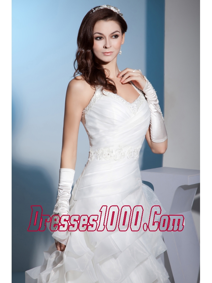 Beading and Lace Ruffled Layers Halter A-line Court Train Wedding Dress