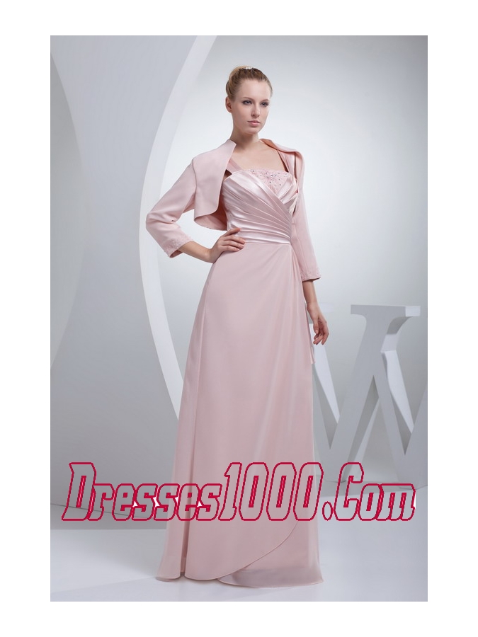 Beading and Ruching Straps Baby Pink Long Mother of the Bride Dress