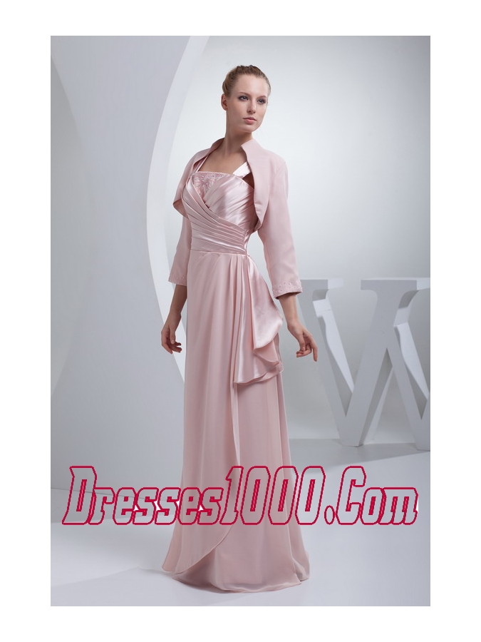 Beading and Ruching Straps Baby Pink Long Mother of the Bride Dress
