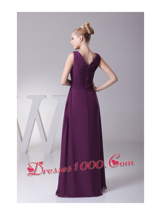 Beading and Ruching V-neck Long Mother of the Bride Dress