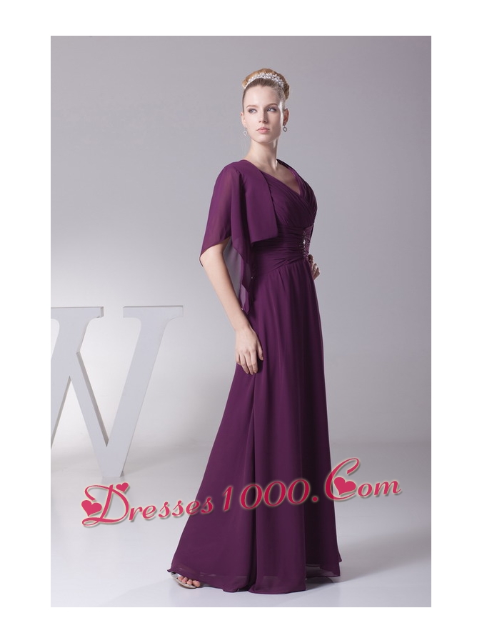 Beading and Ruching V-neck Long Mother of the Bride Dress
