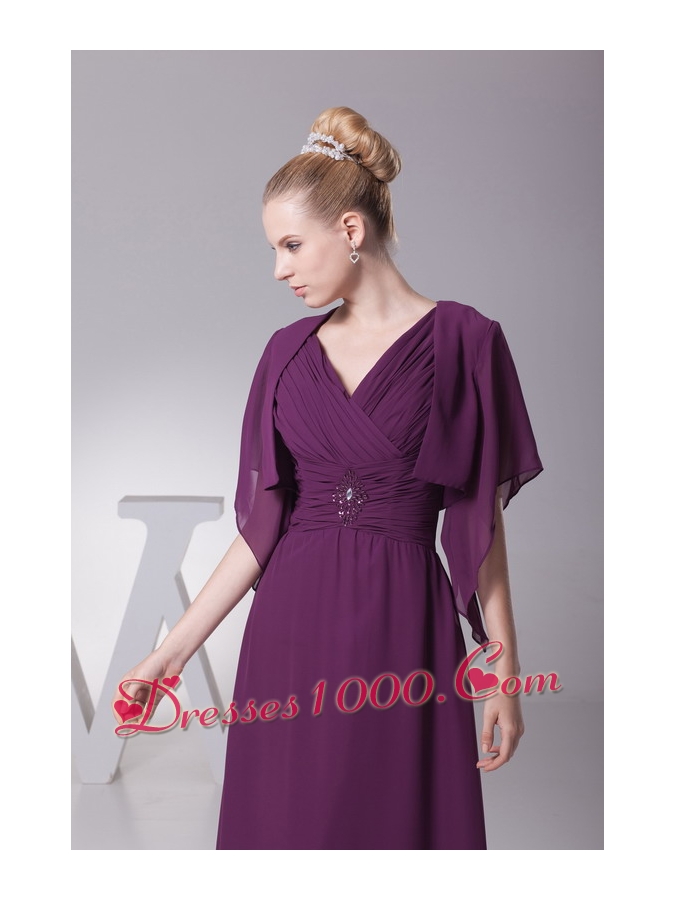 Beading and Ruching V-neck Long Mother of the Bride Dress