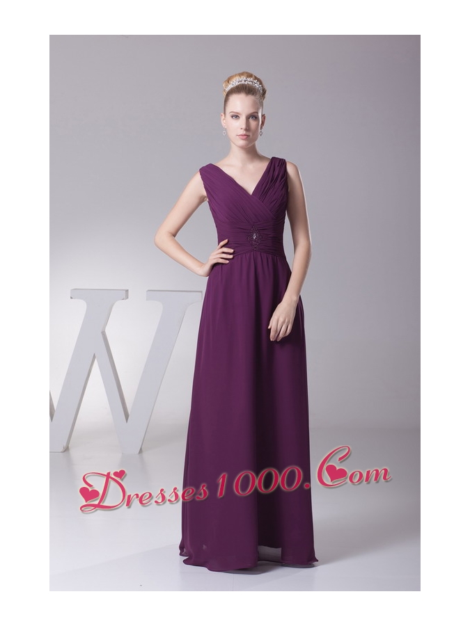Beading and Ruching V-neck Long Mother of the Bride Dress