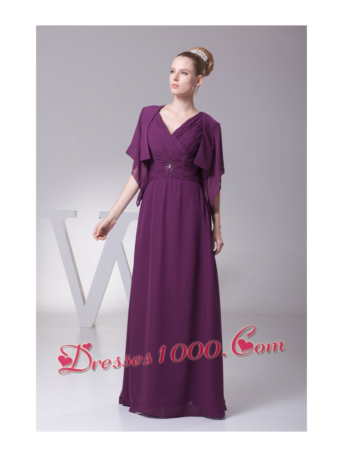Beading and Ruching V-neck Long Mother of the Bride Dress