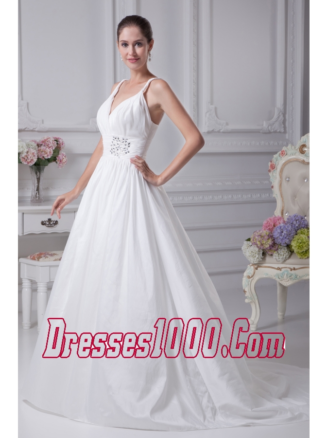 Beading Brush Train A-Line Straps Wedding Dress