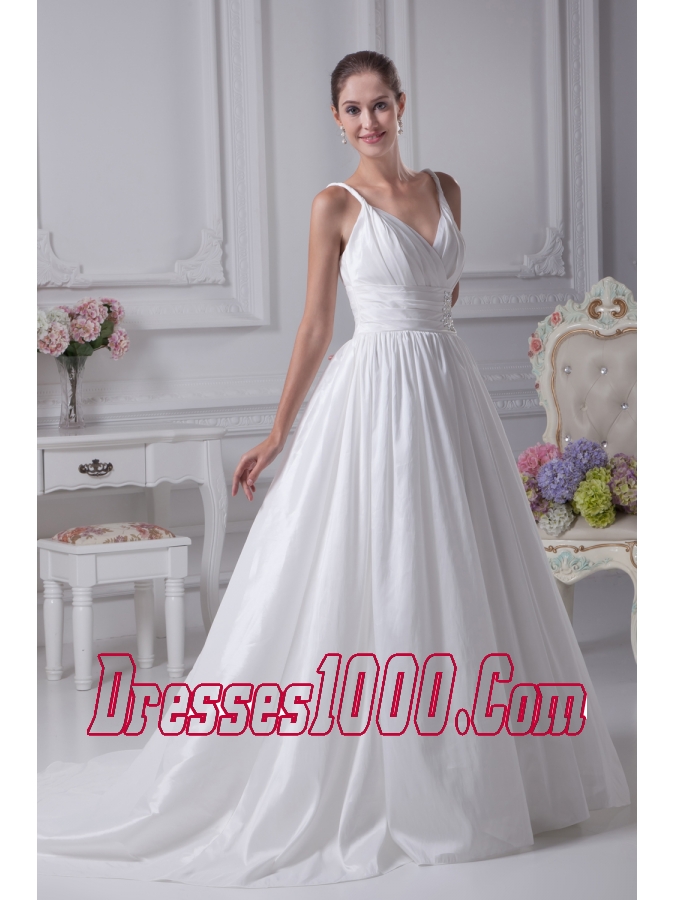 Beading Brush Train A-Line Straps Wedding Dress