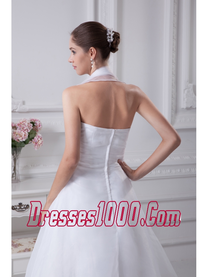 Beading Court Train Halter A-Line Wedding Dress with Fitted Waist