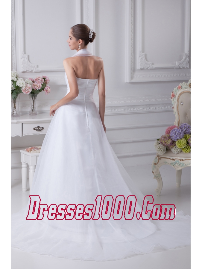 Beading Court Train Halter A-Line Wedding Dress with Fitted Waist