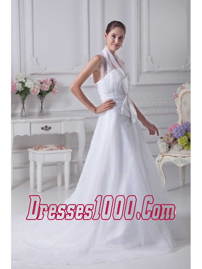 Beading Court Train Halter A-Line Wedding Dress with Fitted Waist