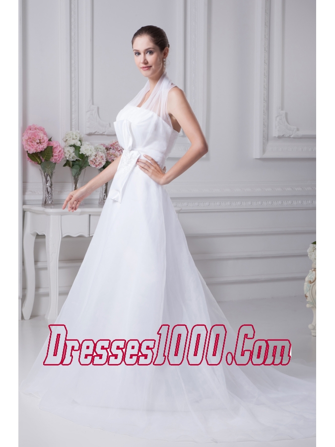 Beading Court Train Halter A-Line Wedding Dress with Fitted Waist
