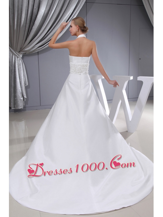 Beading Hand Made Flower Halter Chapel Train Wedding Dress
