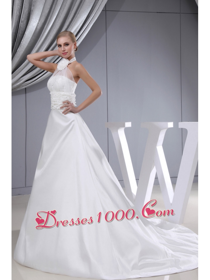 Beading Hand Made Flower Halter Chapel Train Wedding Dress