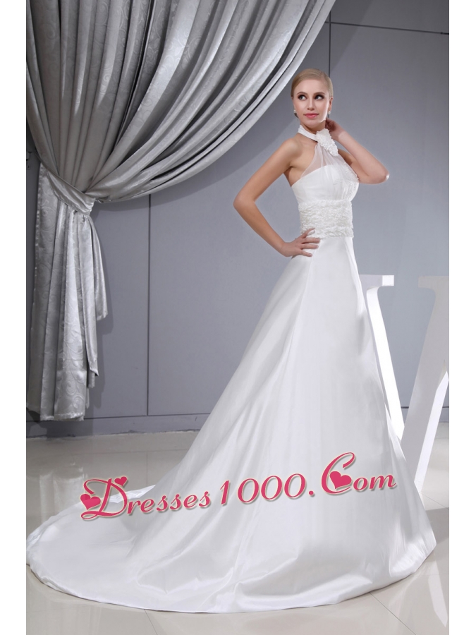 Beading Hand Made Flower Halter Chapel Train Wedding Dress